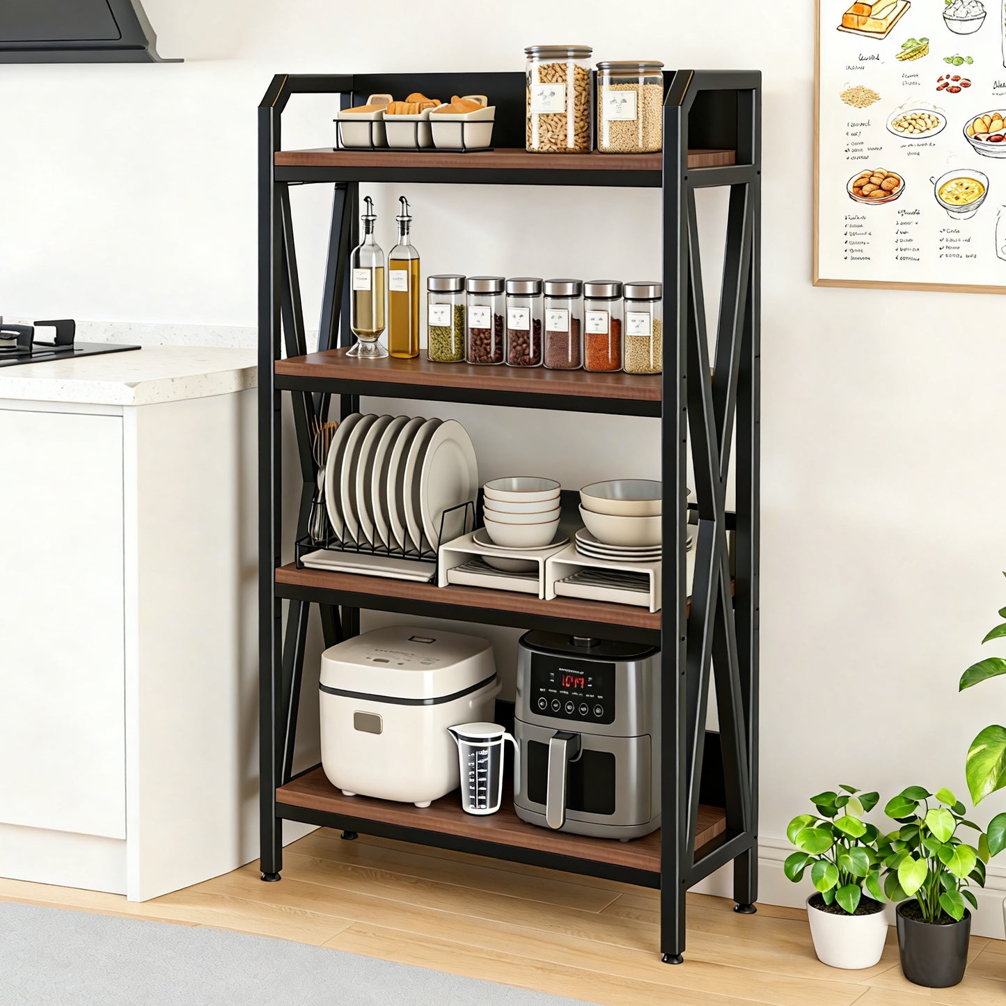 4-Level Bakers Rack - Metal & Wooden Kitchen Shelves, 56.3"