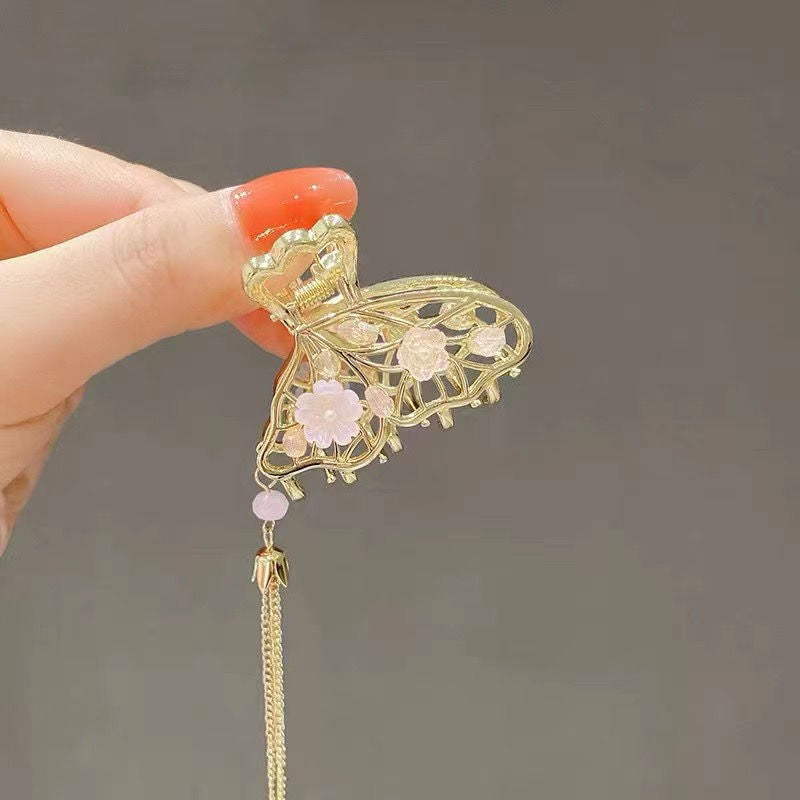 Gold Butterfly Hair Clip - Retro Elegant Fairy Small Tassel Shark Hair Accessory