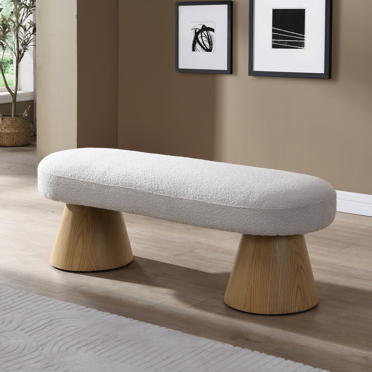 Upholstered Dining Bench - Beige Fabric Ottoman, 300 LBS Capacity