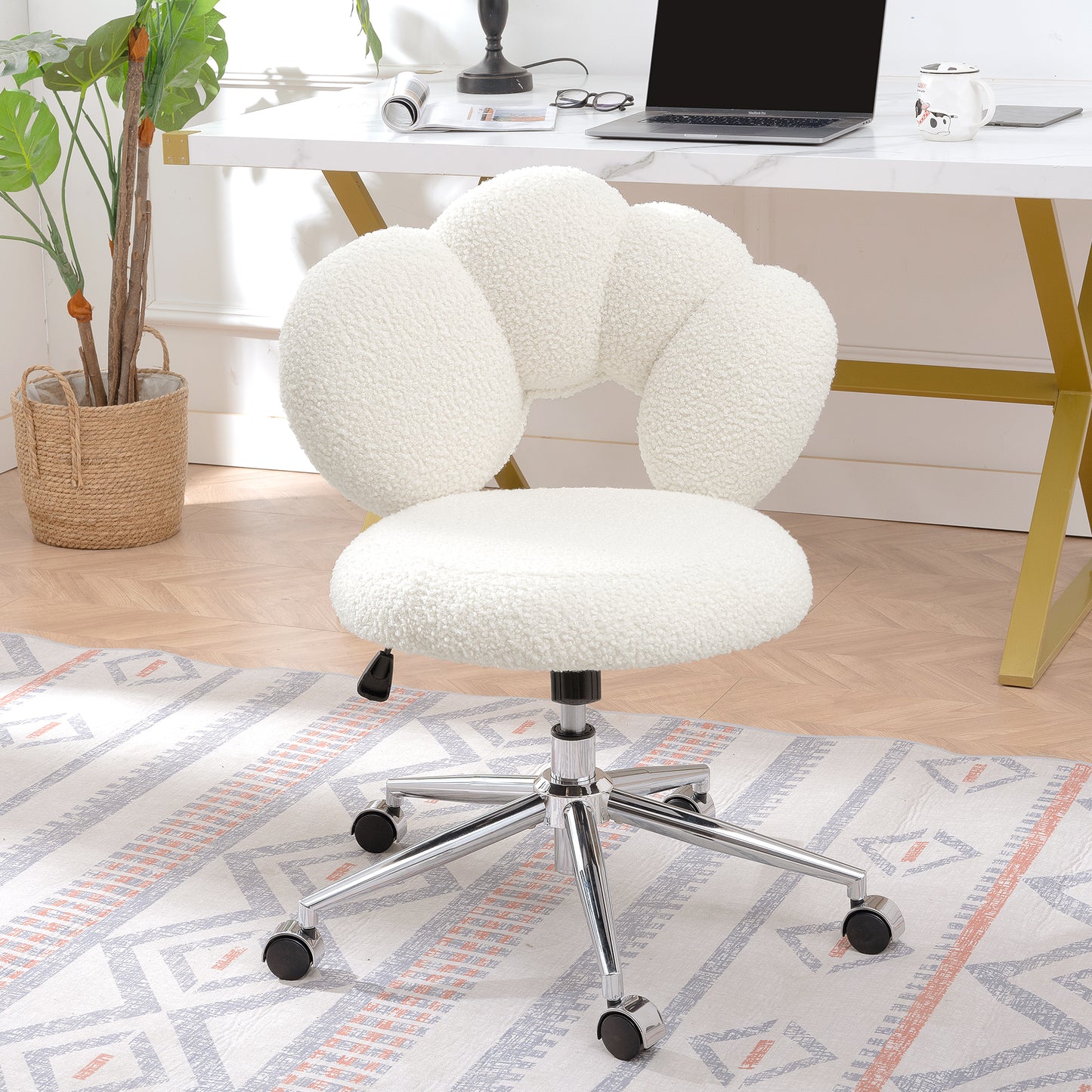 360° Swivel Height Adjustable Office Chair - White Teddy Fabric