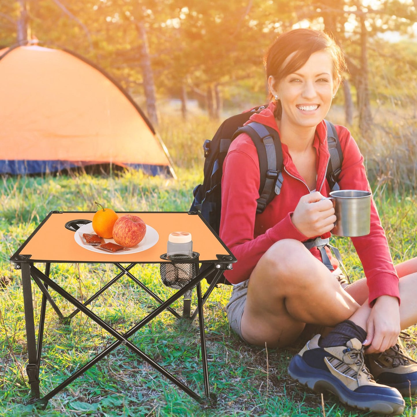 Portable Folding Camping Table with Cup Holders - Multiple Colors & Sets