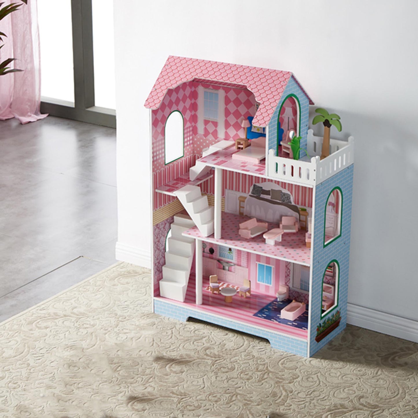 3 Tier Kids Dollhouse With Roof Window And Furniture Wooden Mini Doll