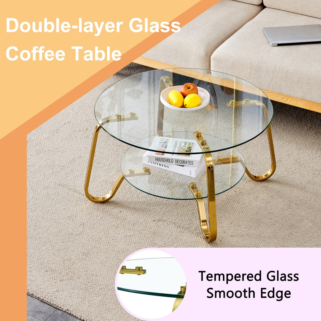 Retro Gold Metal Frame Double-Layer Glass Coffee Table - 31.5"