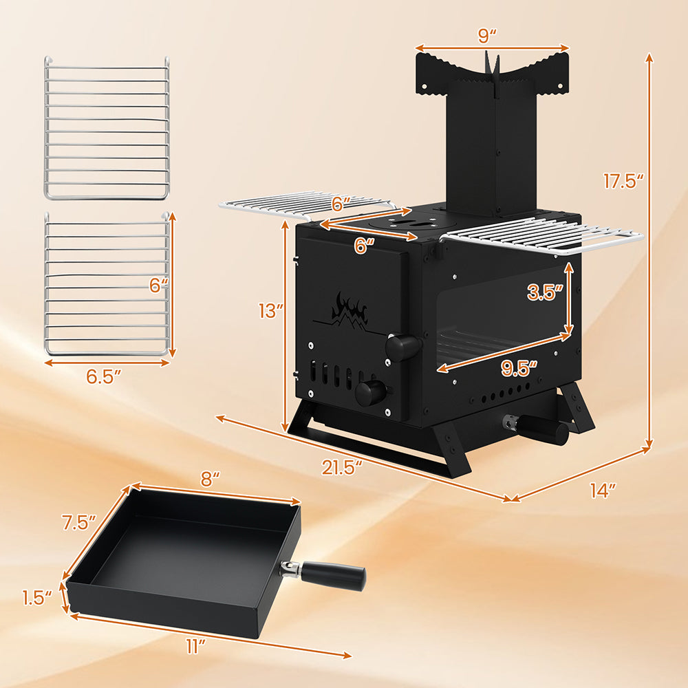 Portable Wood Burning Stove with Oven Pan & Rack - Black