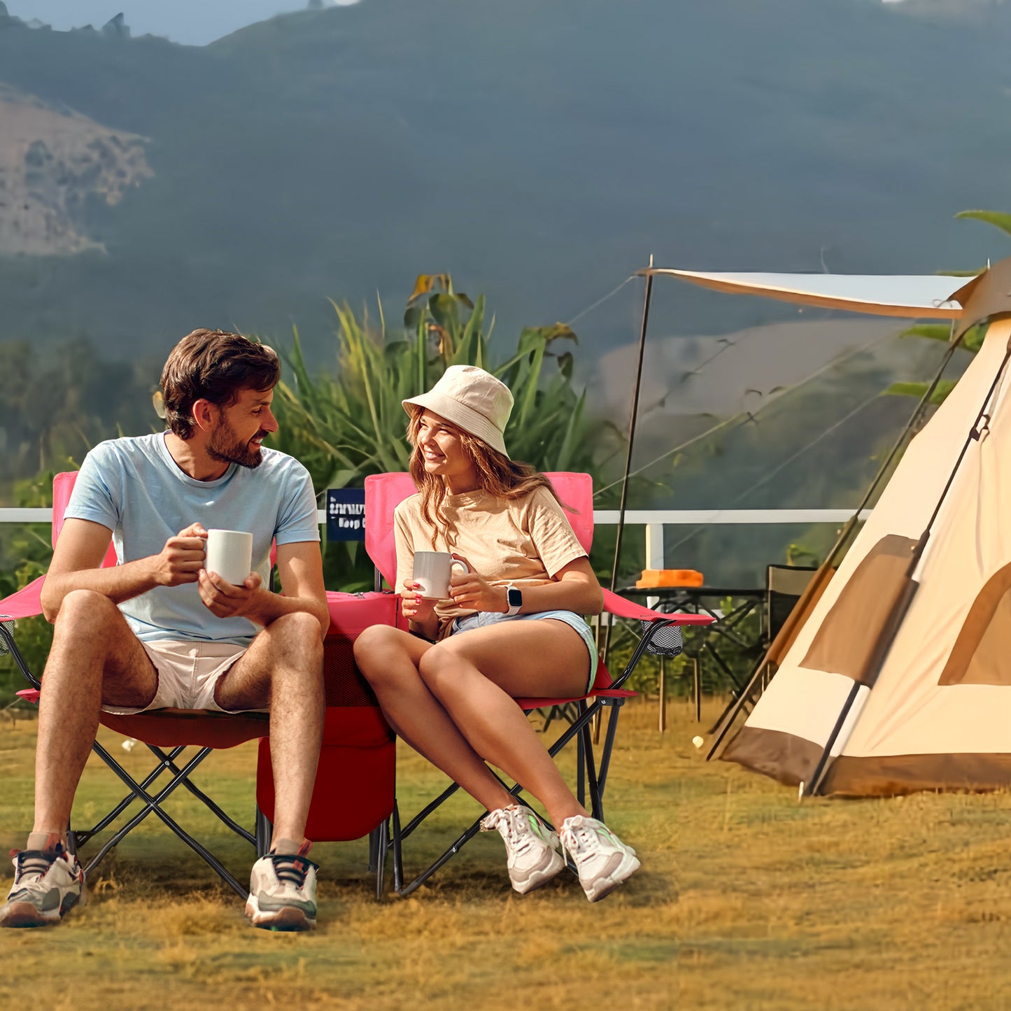 Folding Double Camping Chair with Removable Umbrella & Cup Holders - Red