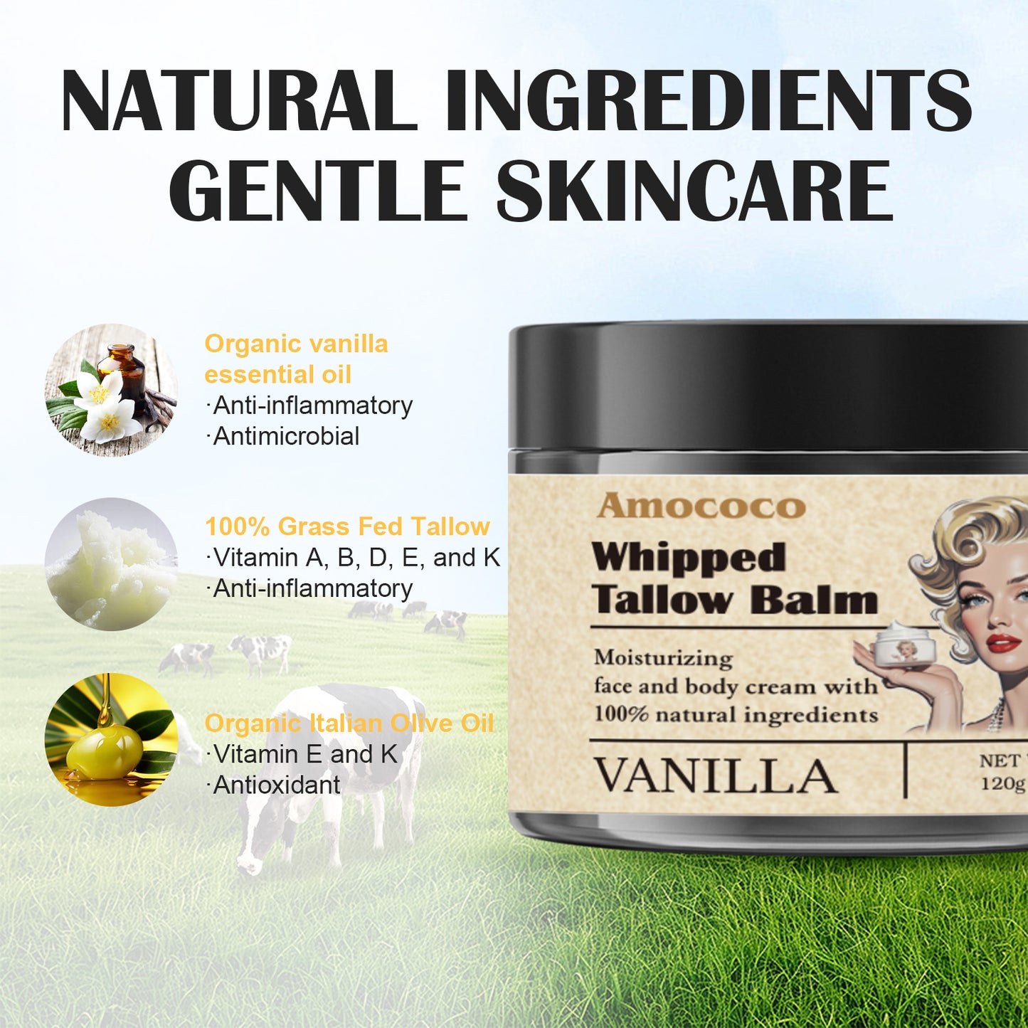 Whipped Tallow Balm - Natural Deep Hydration Face & Body Cream, 120g