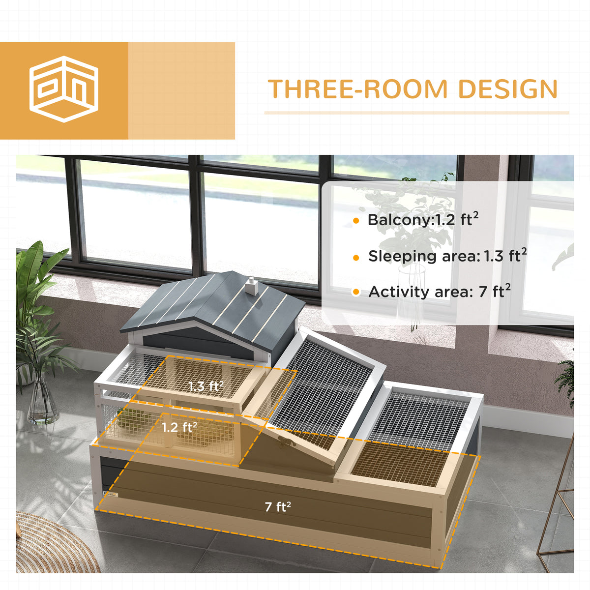 Large 3-Room Tortoise Habitat House with Balcony & Two Stories - Gray