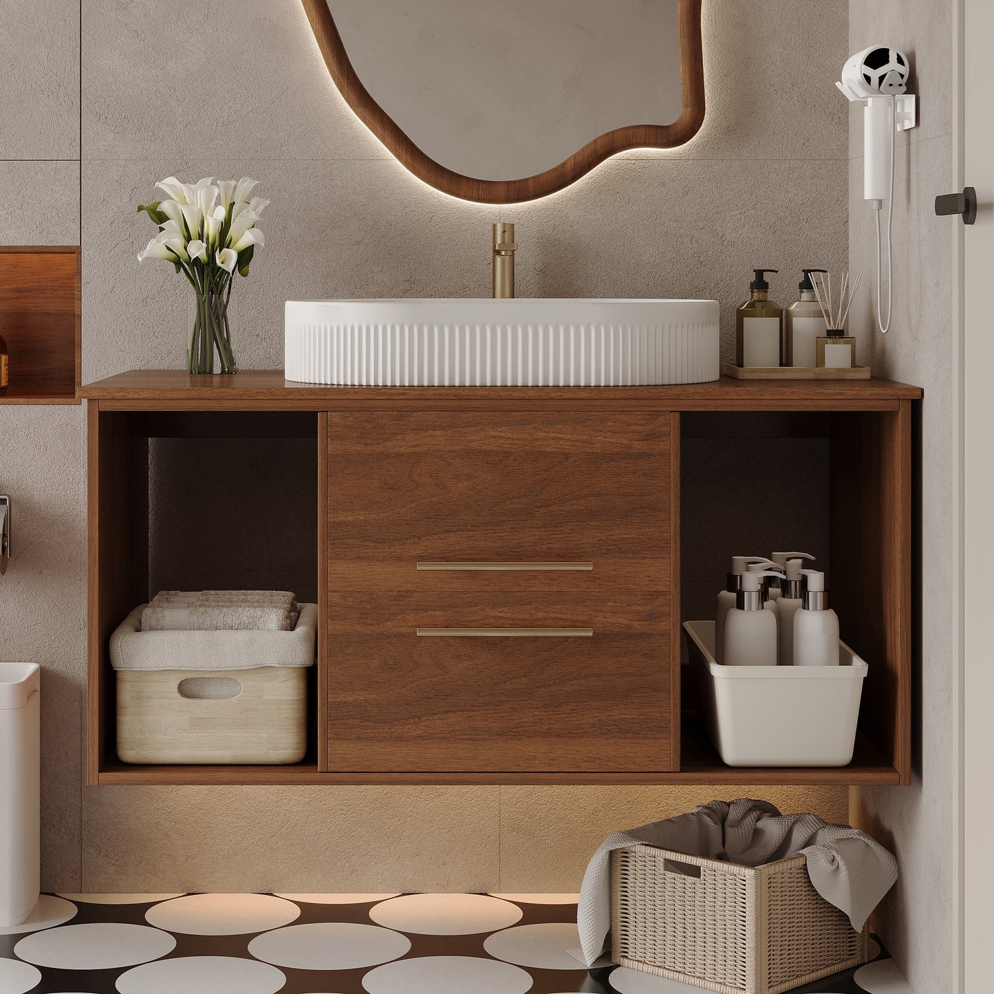 39.4" Wall-Mounted Bathroom Vanity with Oval Sink - White & Walnut