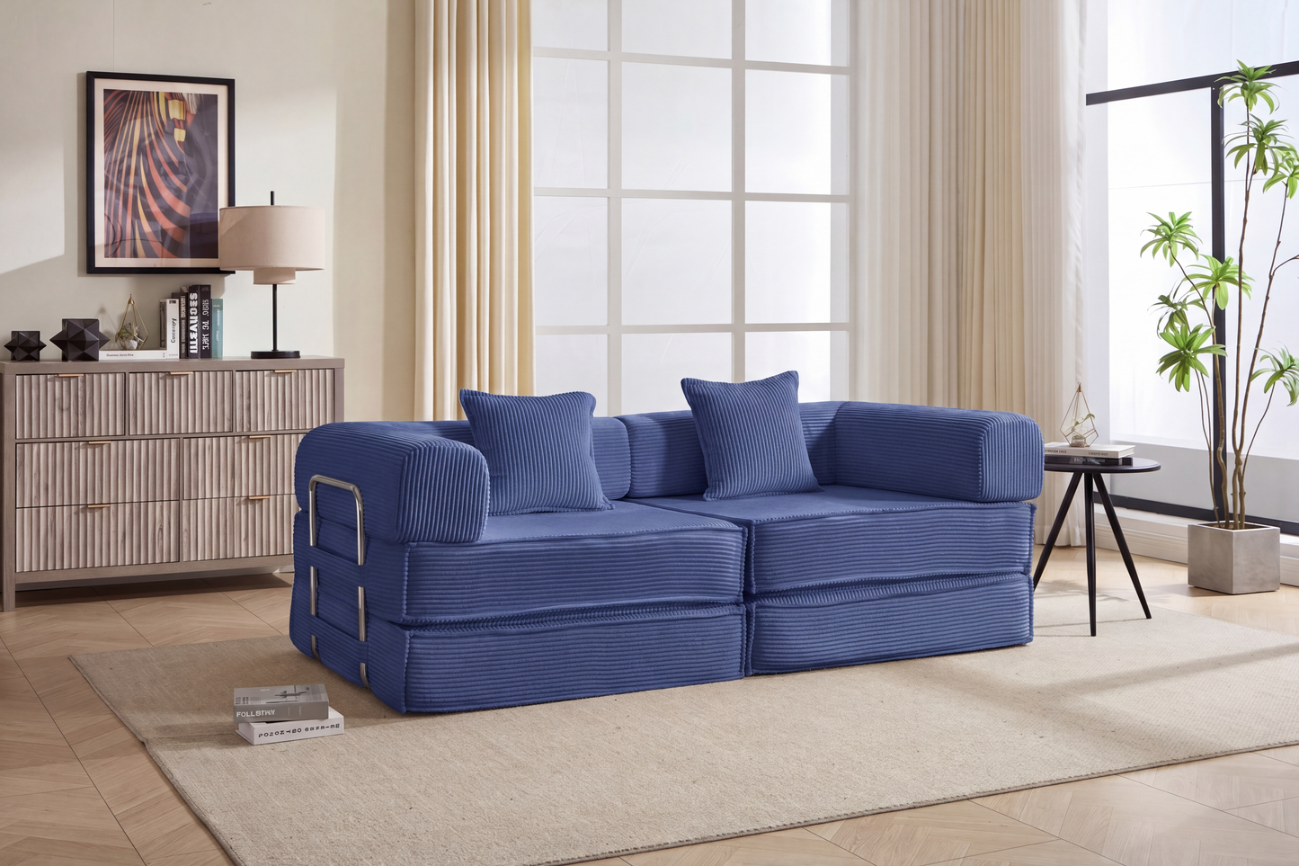 78" Modular Corduroy Convertible Sofa Bed with 2 Pillows - Navy Blue
