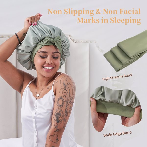 Silk Sleep Bonnet for Hair Care - Adjustable Green Cap