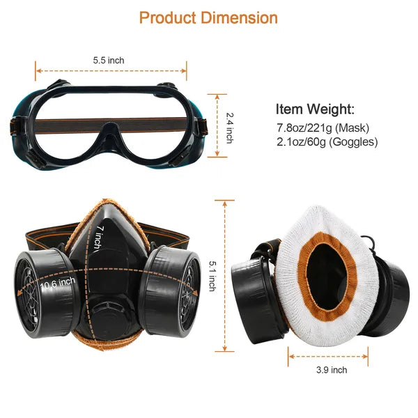 Industrial Respirator Mask with Anti-Fog Goggles - Dual Filter - Black
