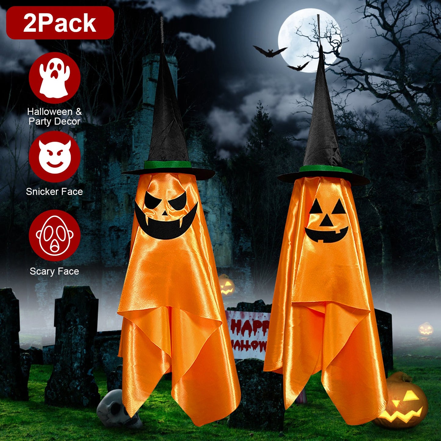 Hanging Ghost Decorations with Pumpkin Wizard Hats - 2Pcs