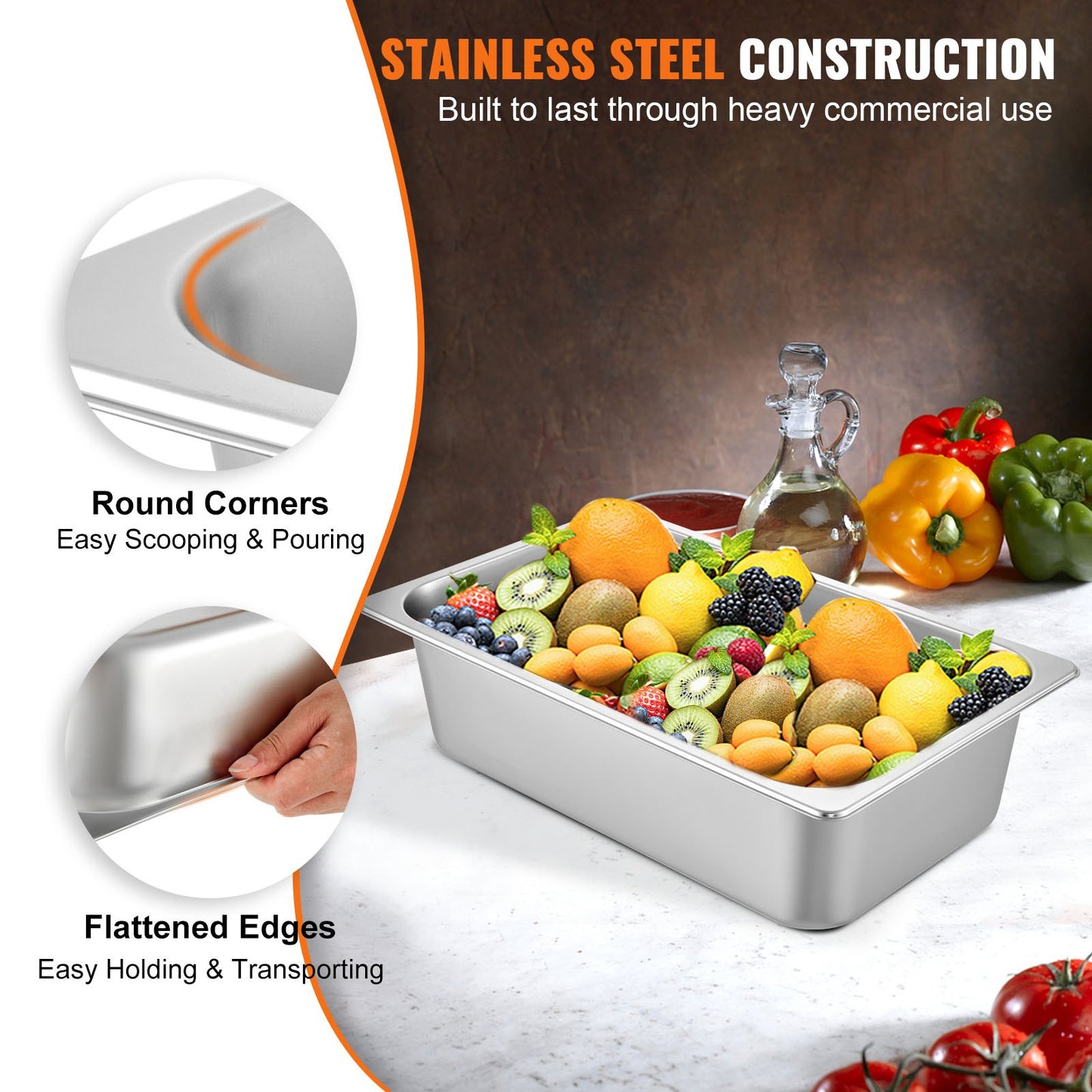 6 Pack Full Size Deep Steam Table Pans - Stainless Steel 20.9 x 12.8 x 5.9 Inch