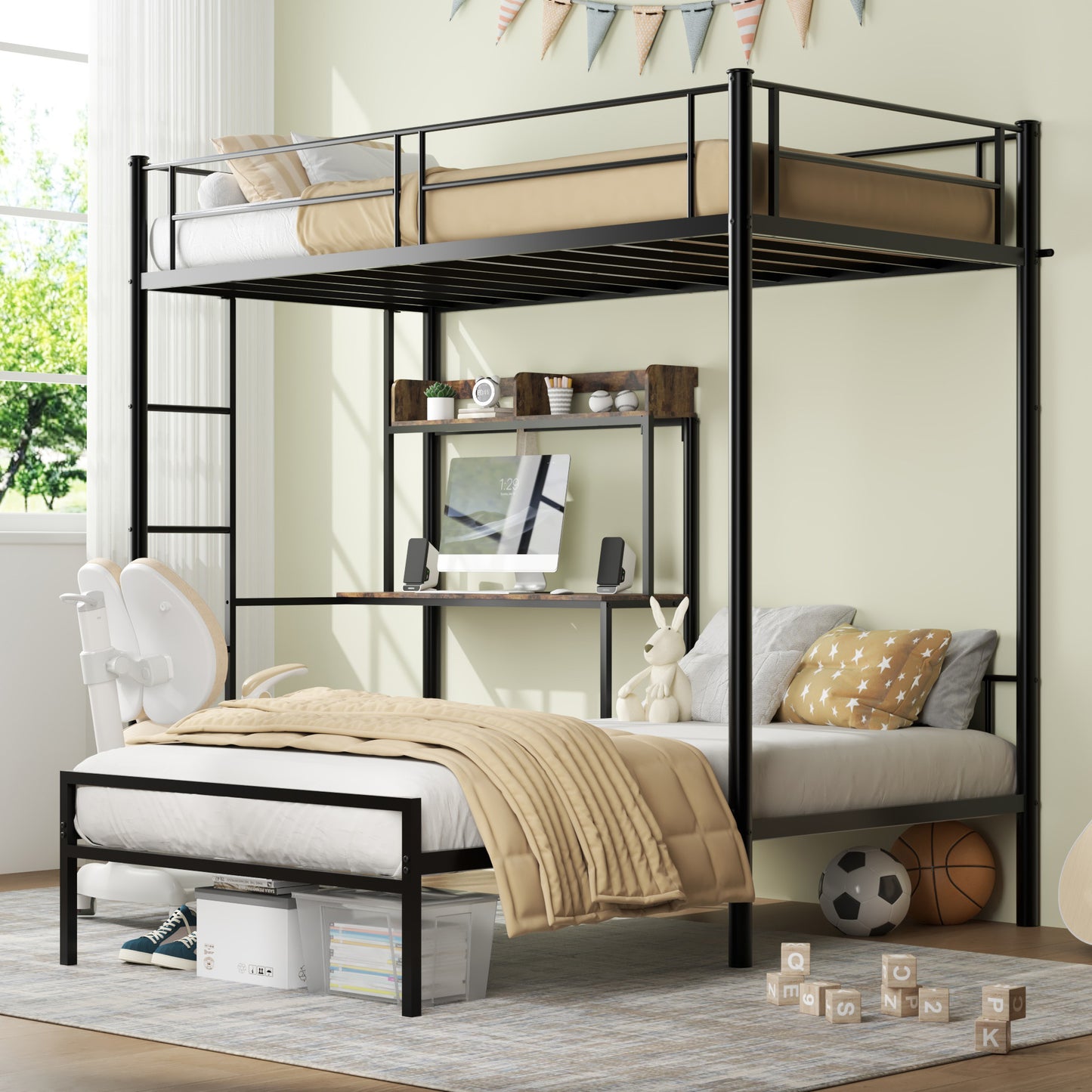 L-Shaped Twin Bunk Bed with Desk & Charging Station - Black