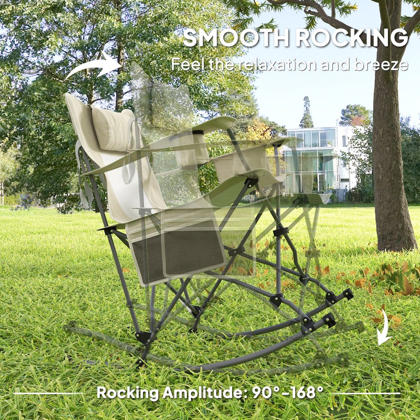 Folding Rocking Camping Chairs with Headrest & Cooler Bag - 2 Pack, Cream