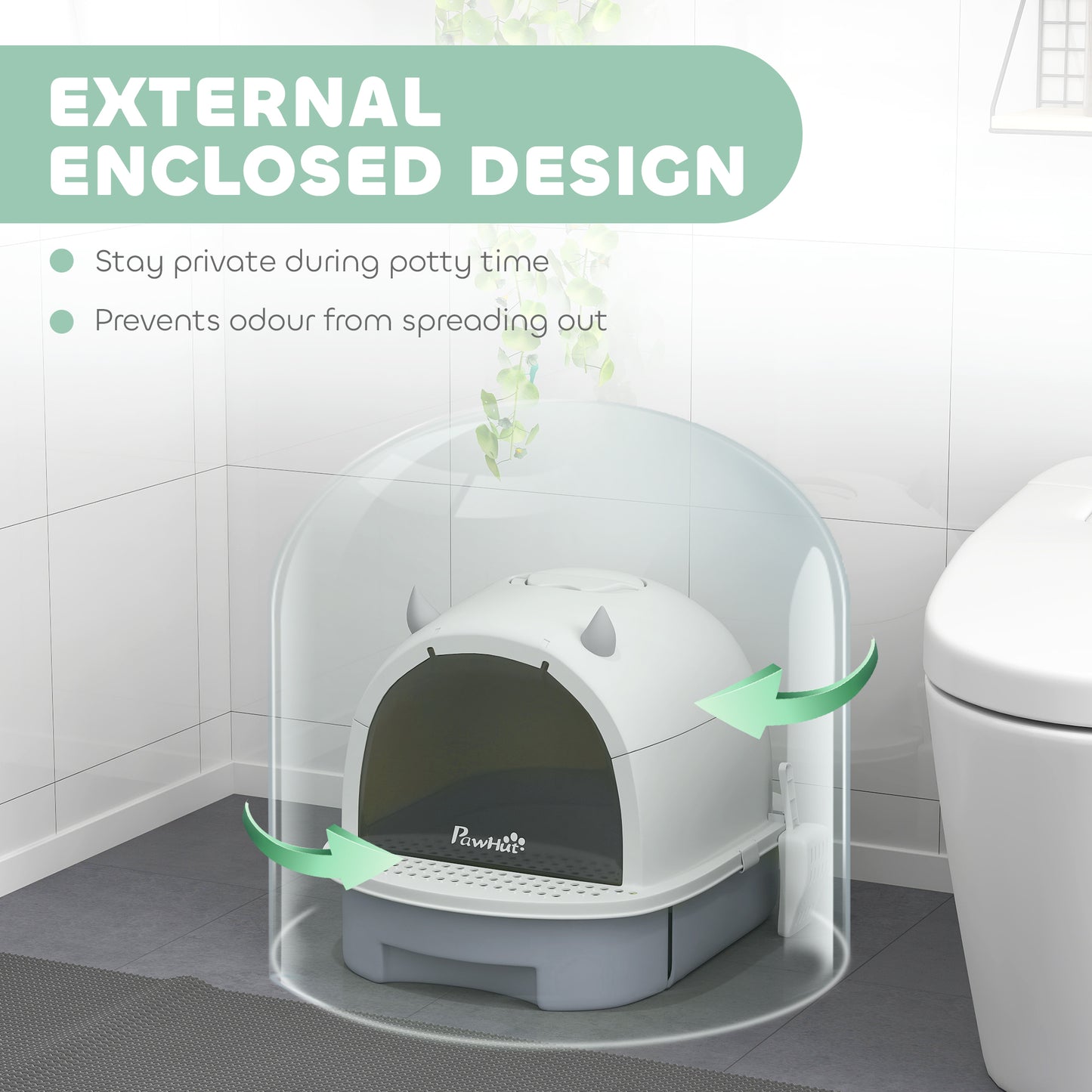Covered Cat Litter Box with Lid and Scoop - Odor Control, Portable, Easy to Clean - Gray 410x180x520mm