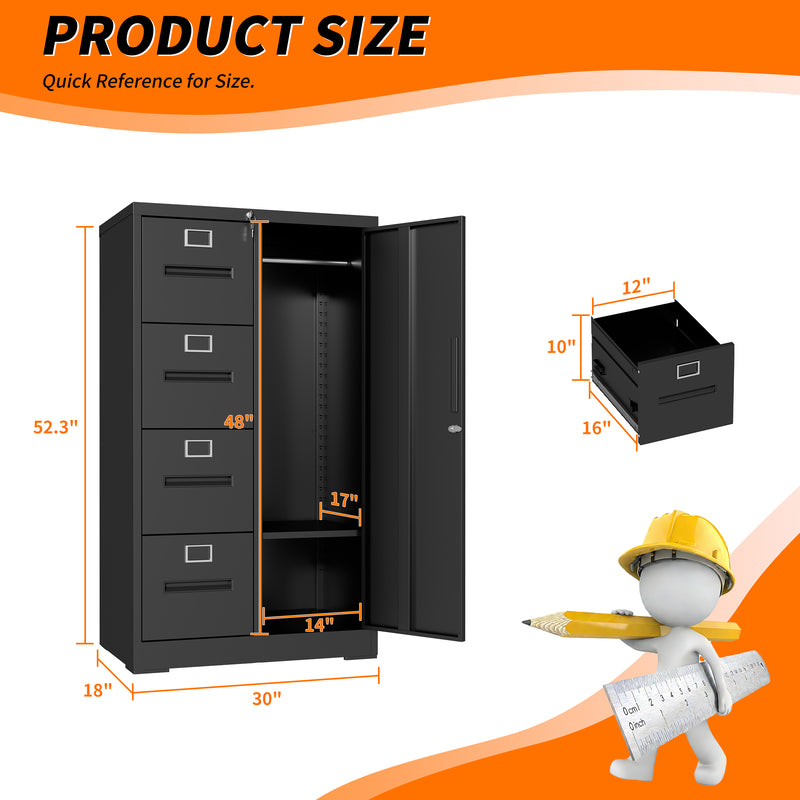 Metal Vertical Filing Cabinet with Lock - 4 Drawers & Door, Black