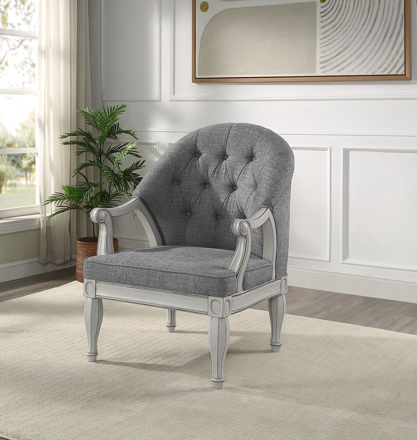 Florian Gray Fabric Chair with Antique White Finish