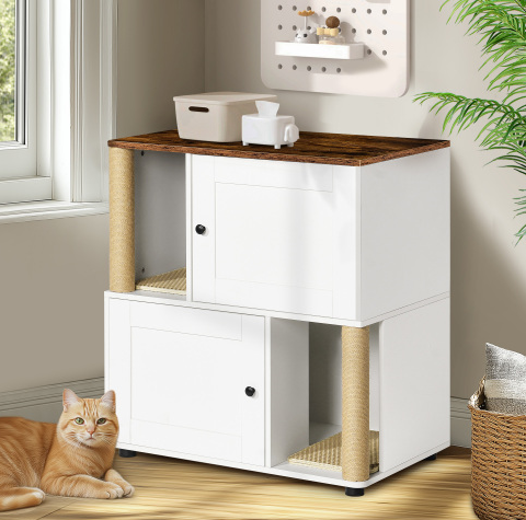 Double Cat Litter Box Enclosure Cabinet for 2 Cats with Shelves White Vintage