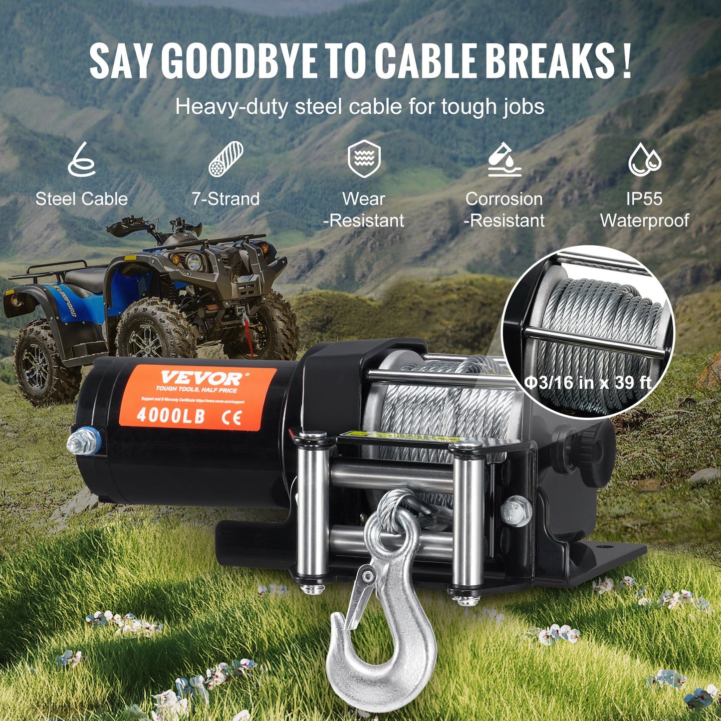 4000Lb Electric Winch for ATV UTV Off-Road Recovery Waterproof Steel Cable