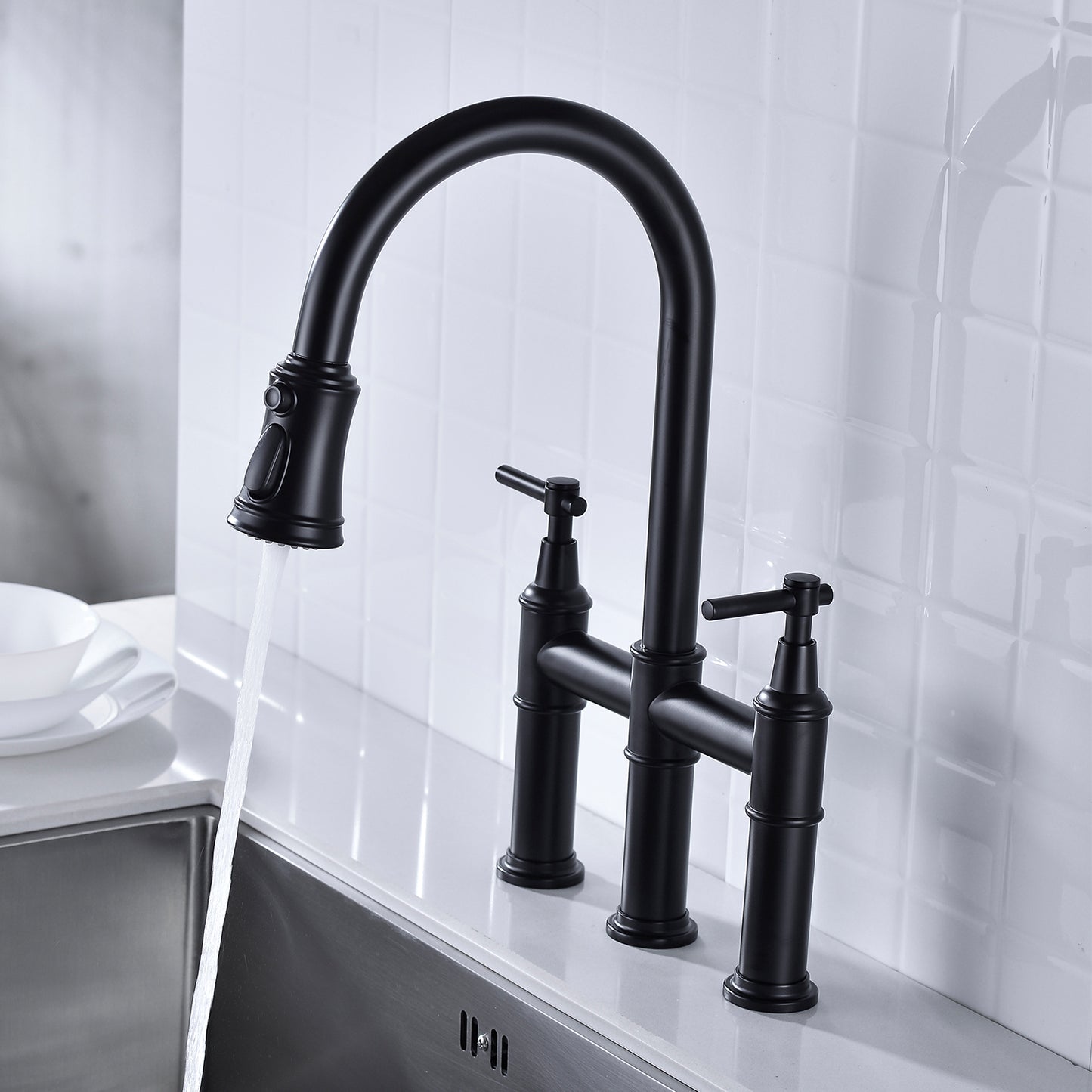 Pull Down Kitchen Faucet with Dual Handle - Matte Black
