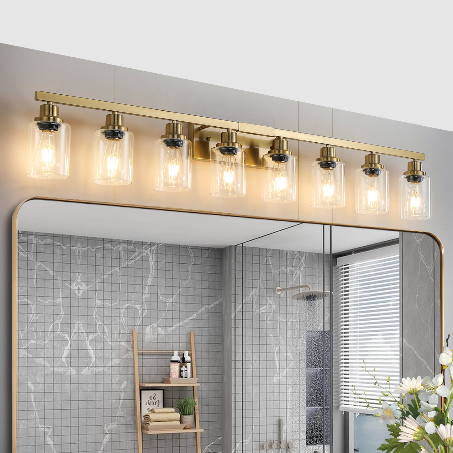 Golden 8-Light Vanity Light Fixture with Clear Glass Shades