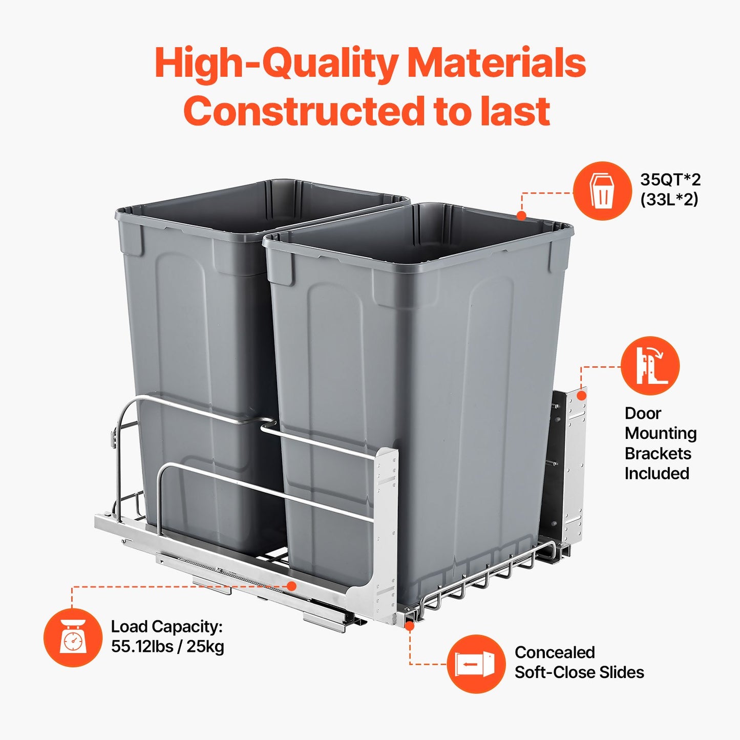 Pull-Out Trash Can with Soft Close - Dual 35QT Capacity, Grey