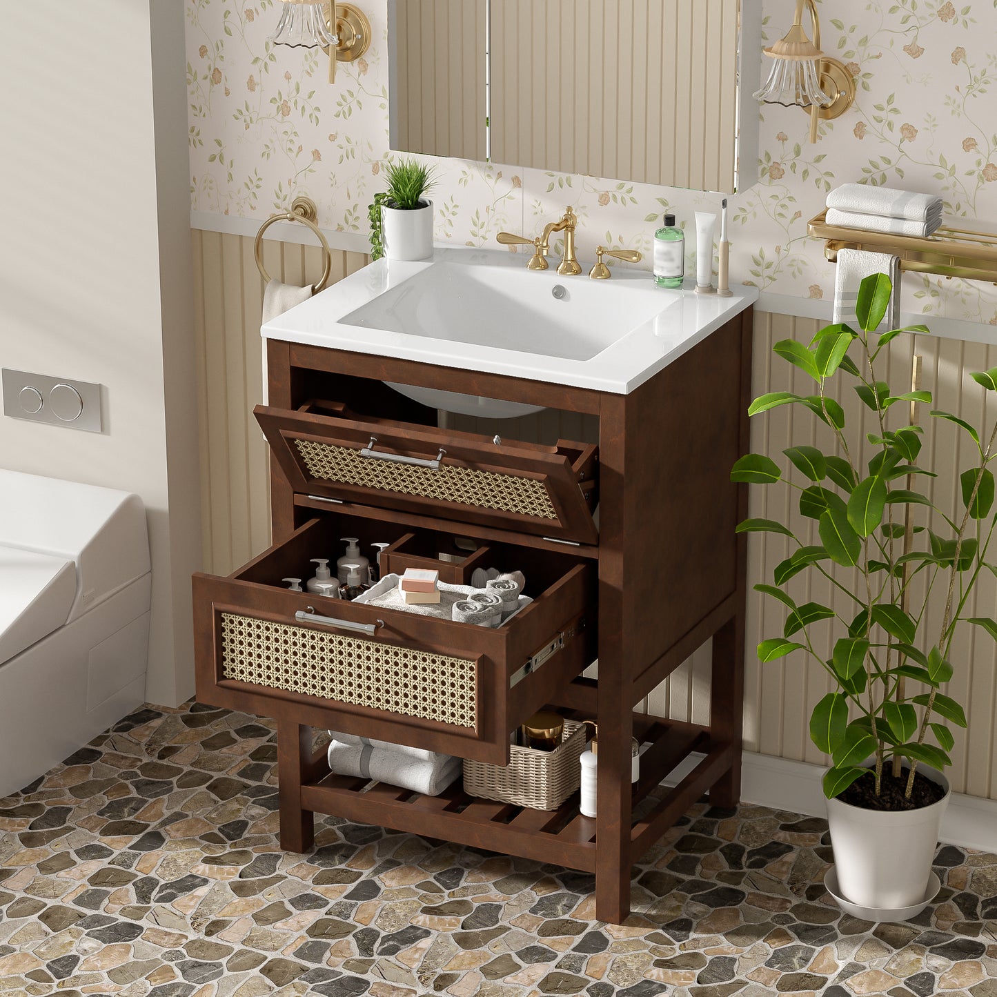 24" Bathroom Vanity with Integrated Ceramic Sink - Dark Brown