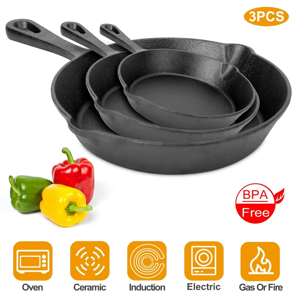 3-Piece Pre-Seasoned Cast Iron Skillet Set - 6, 8 & 10 Inch