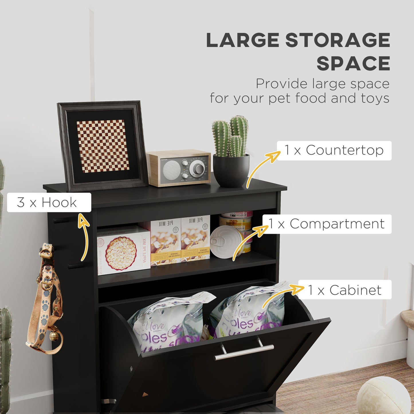 Pet Feeder Station with Storage Cabinet and Raised Bowls - Black