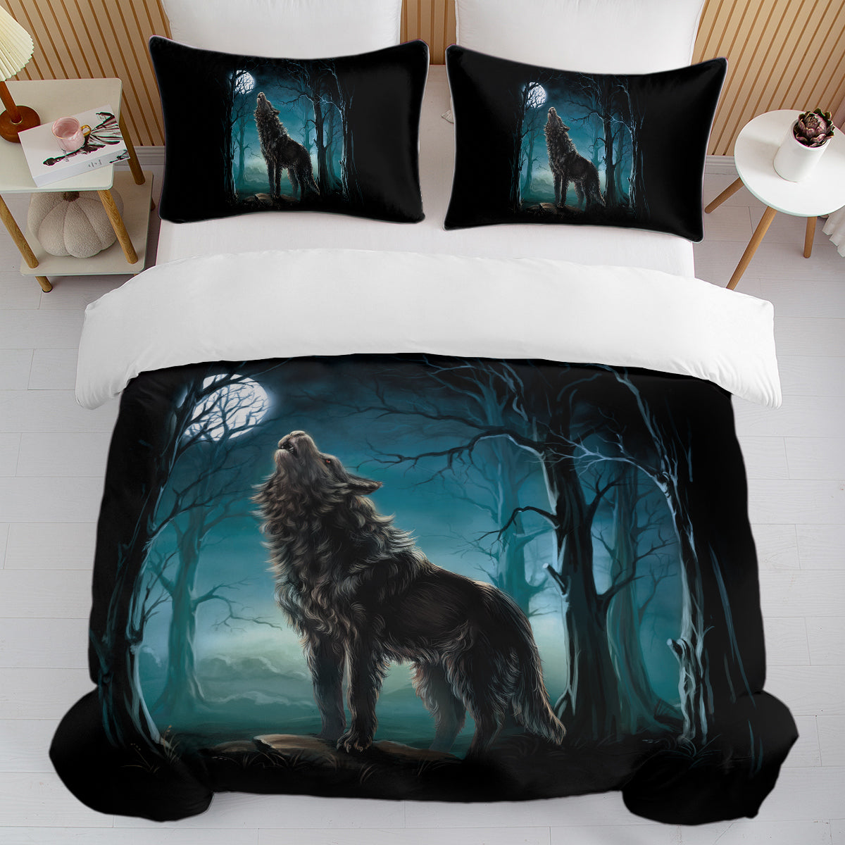 Moon Wolf Duvet Cover Set - Watercolor Forest Design, 3 Pieces