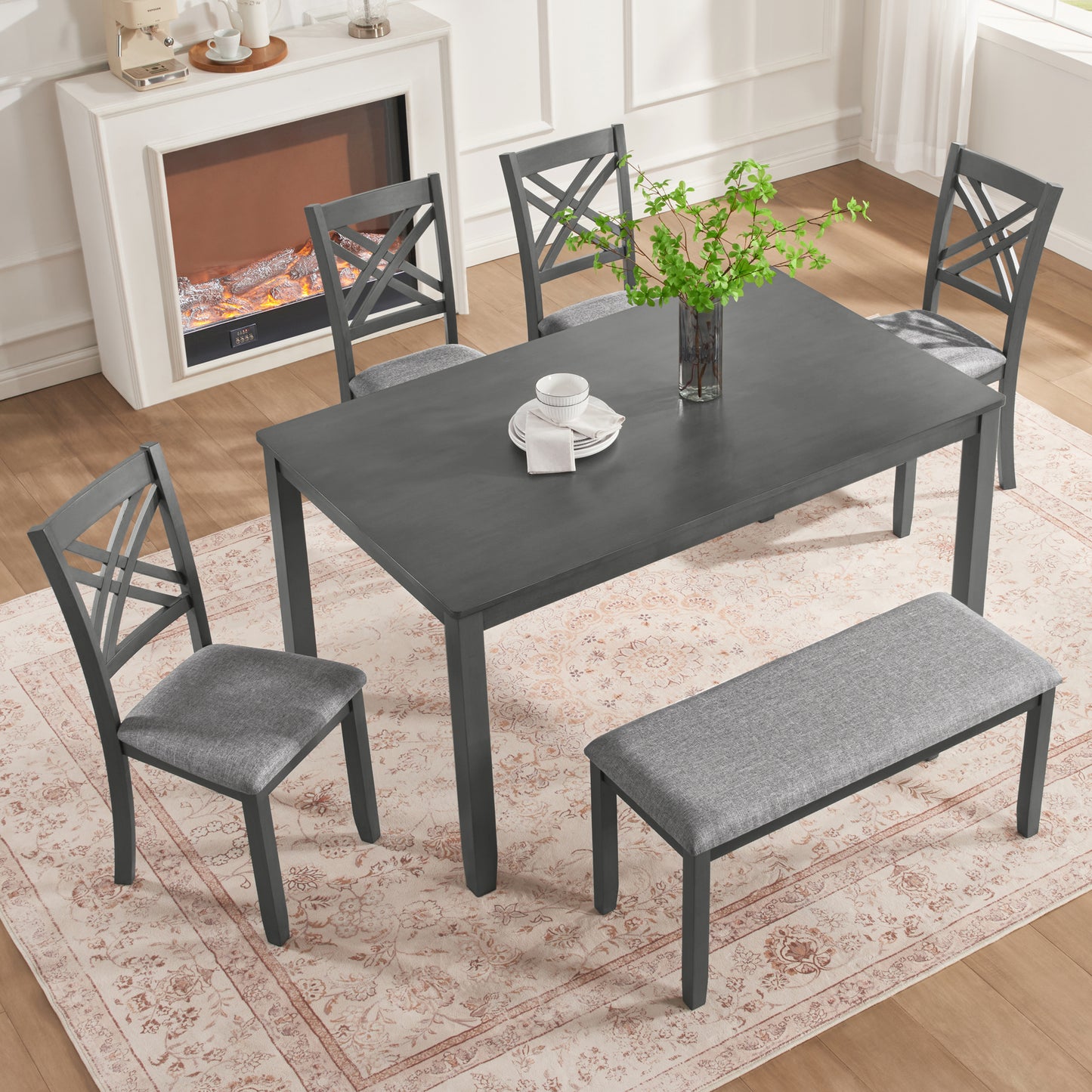Rectangular Dining Table Set for 6 - Wooden Table with Upholstered Chairs & Bench - Grey