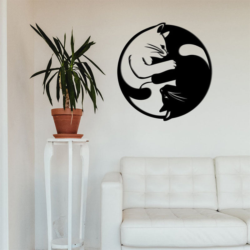 Yin Yang Cat Wall Art Sculpture - Handmade Wrought Iron Decor