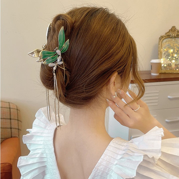 Large Tassel Hair Clip for Women - Korean Style Back of Head Hair Pin, Green