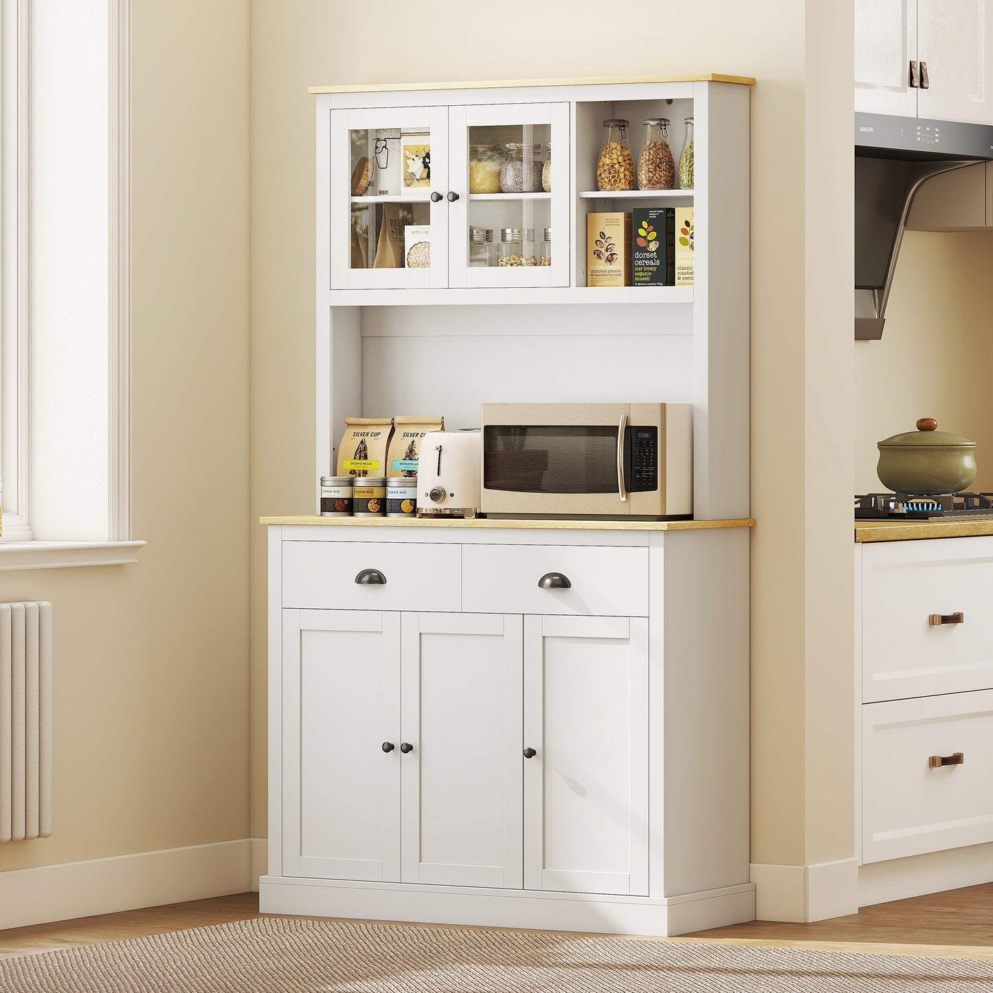 Modern Freestanding Kitchen Cabinet with Adjustable Shelves - White