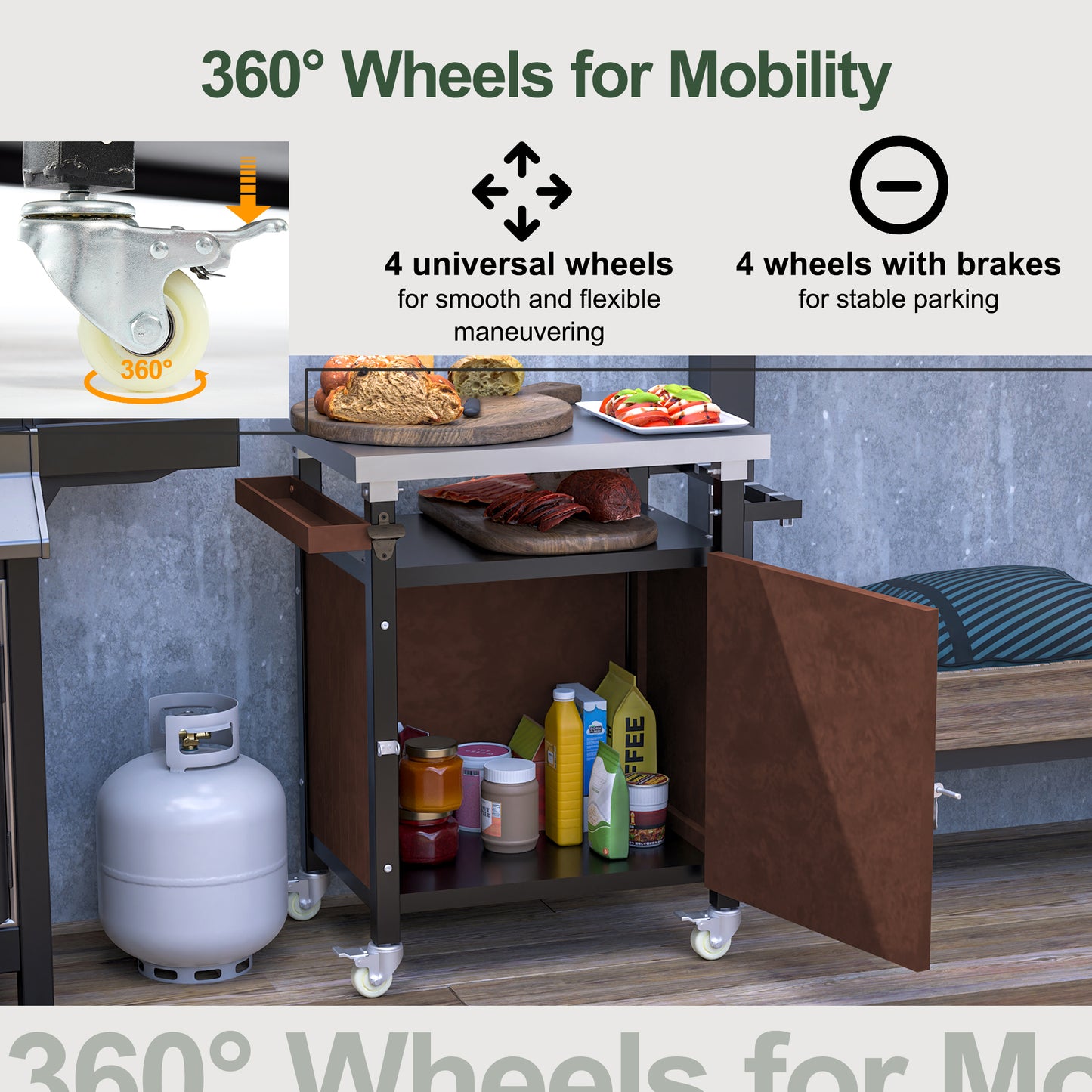 Outdoor Grill Cart with Stainless Steel Top & Wheels - 52.7"