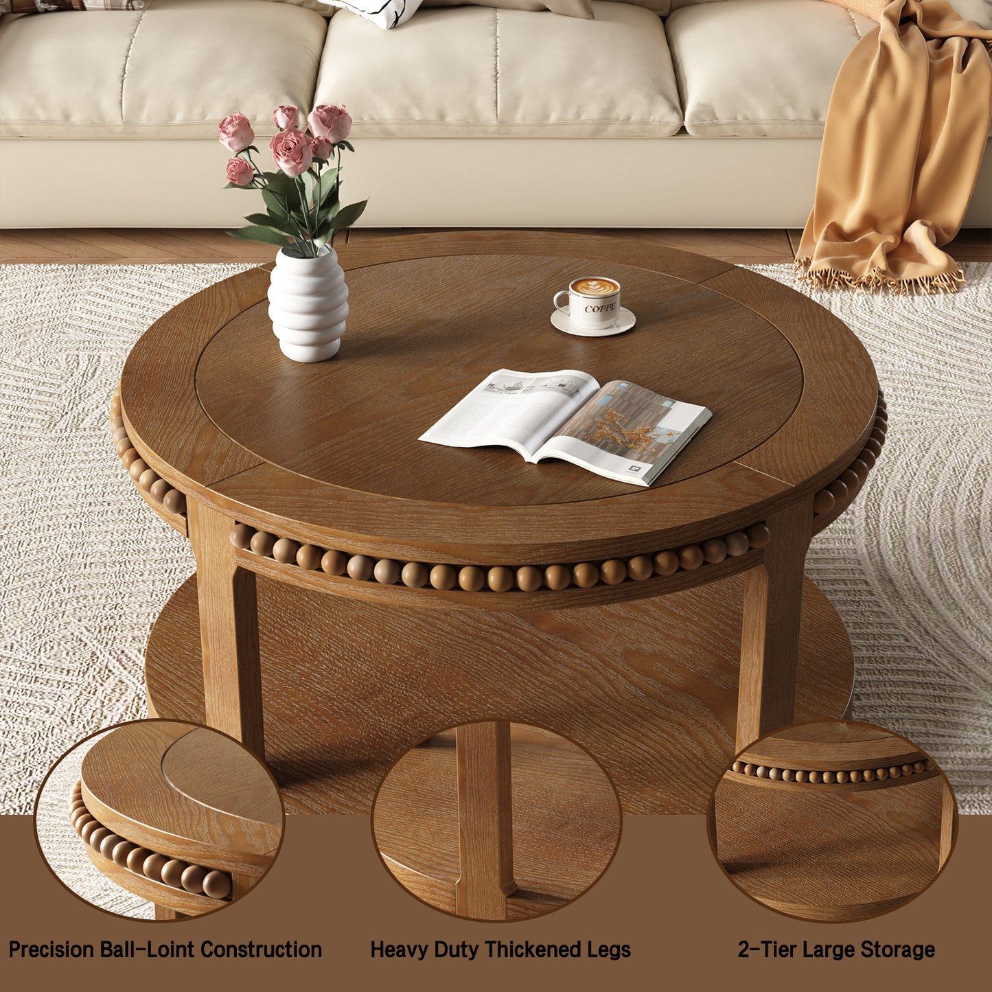 31.5 Inch Round Solid Wood Coffee Table - Two-Tier Design, Walnut