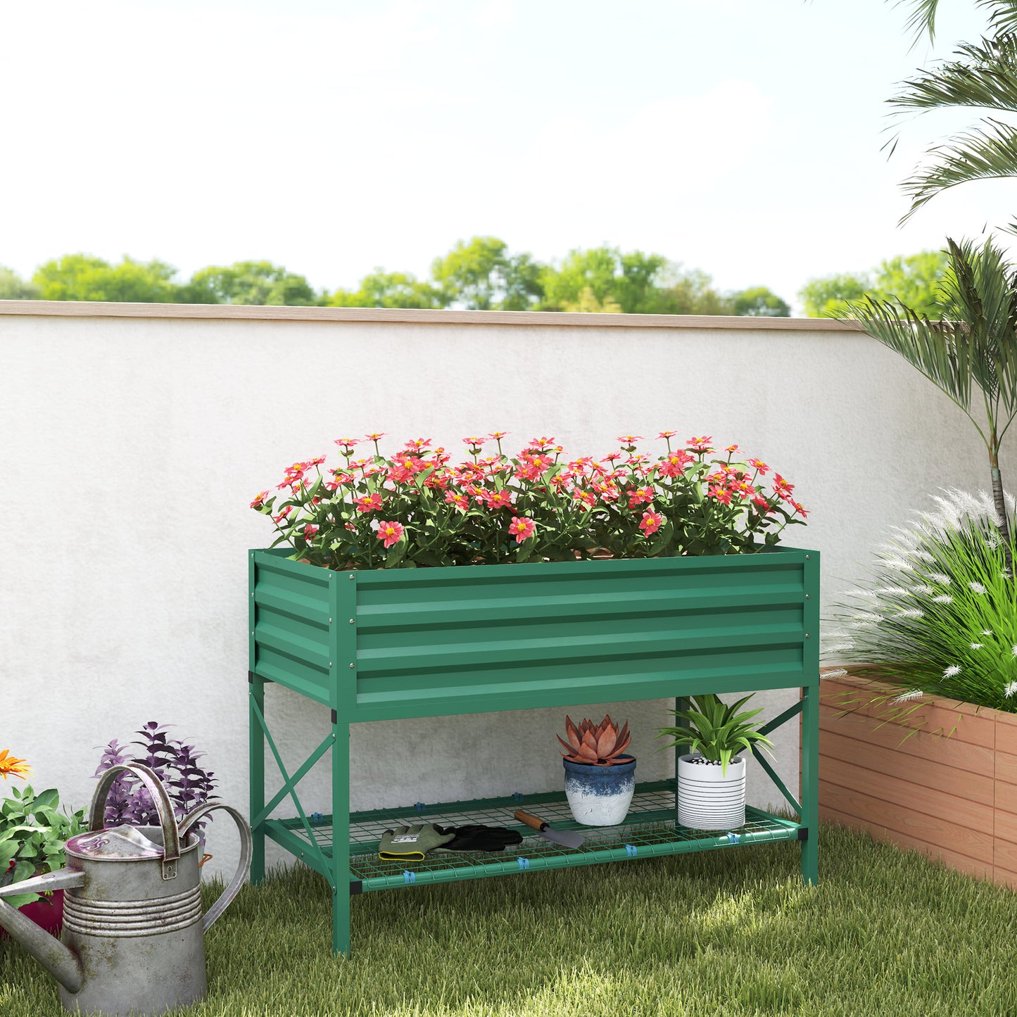 Galvanized Metal Raised Garden Bed with Legs and Storage Shelf - Green, 1180x360x95mm