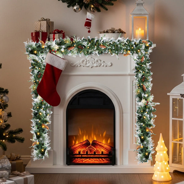 9FT Pre-Lit Snow Flocked Christmas Garland - 2 Pack with Warm White Lights & Red Berries