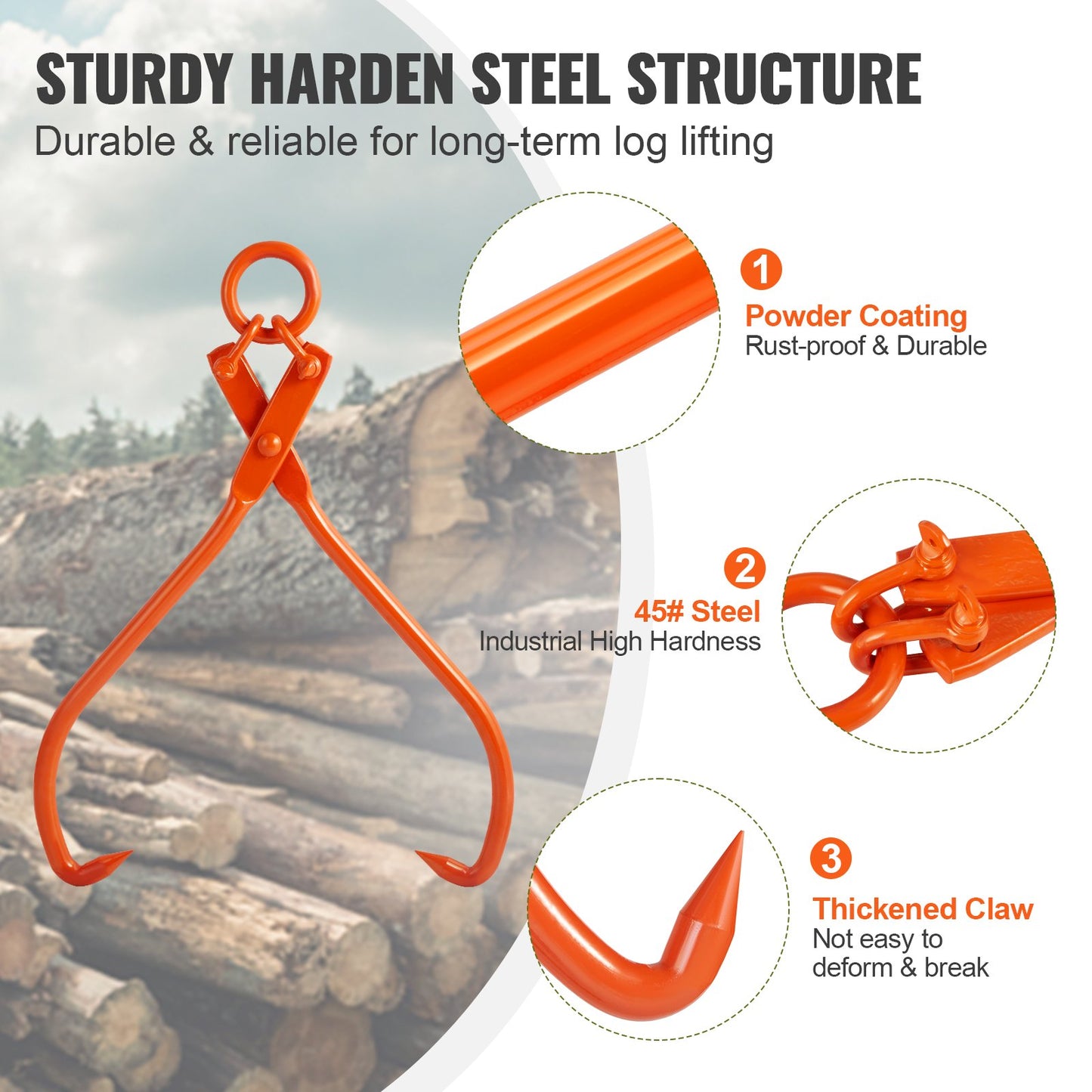 Heavy Duty Log Skidding Tongs 32 Inch Claw Lumber Handling Tool - Orange