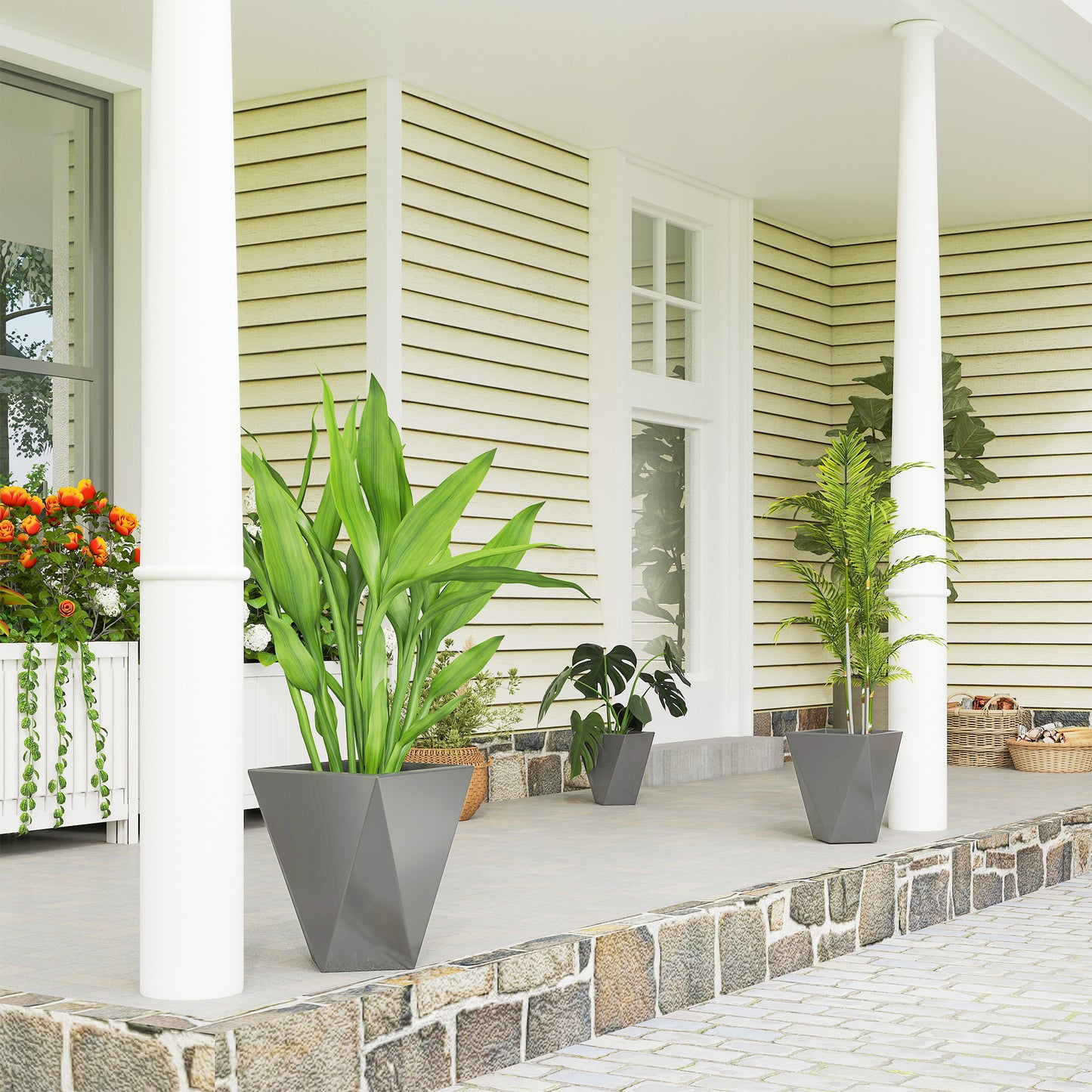 Stackable Garden Planters Set of 3 Tall Magnesium Oxide Pots with Drainage Holes - Gray