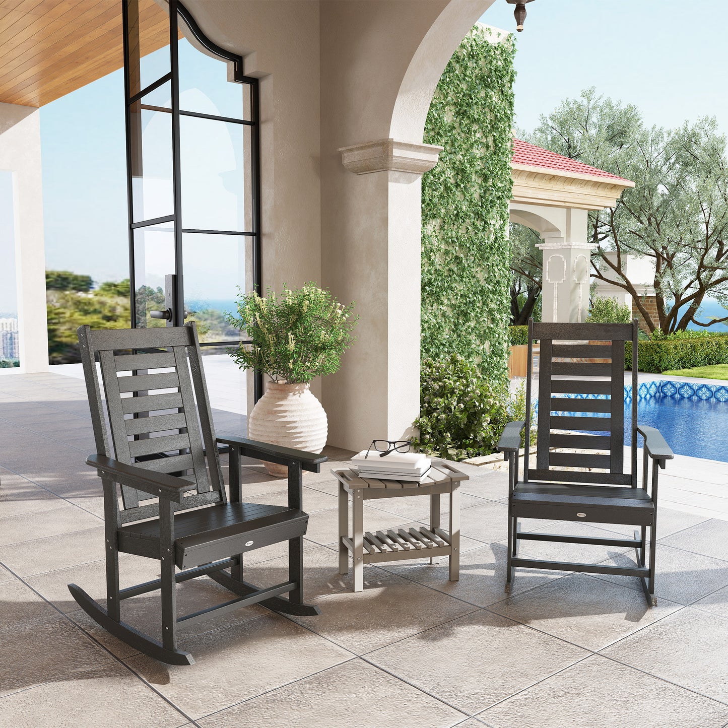 2-Piece Patio Rocking Chair Set - HDPE Outdoor Rockers, Dark Gray