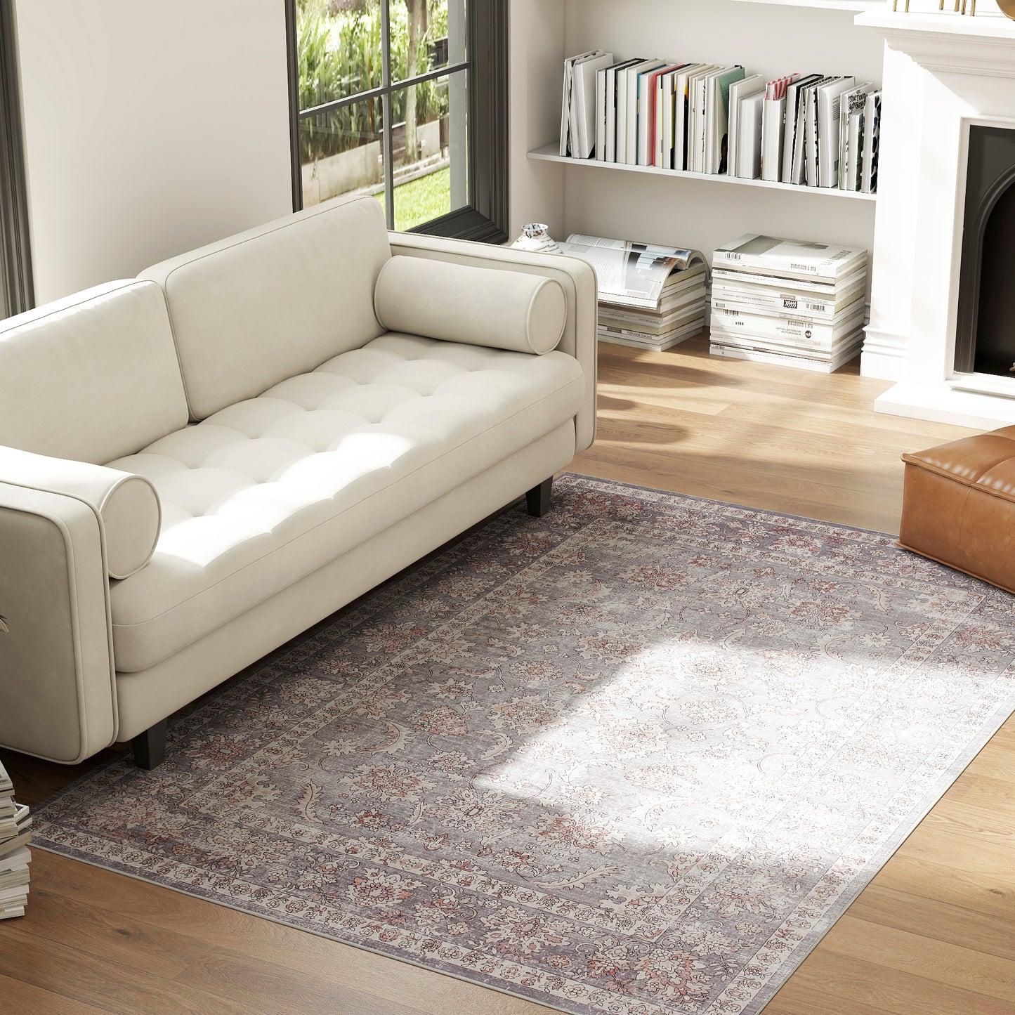 Machine Washable Area Rug 4x6 - Floral Grey & Brown Carpet