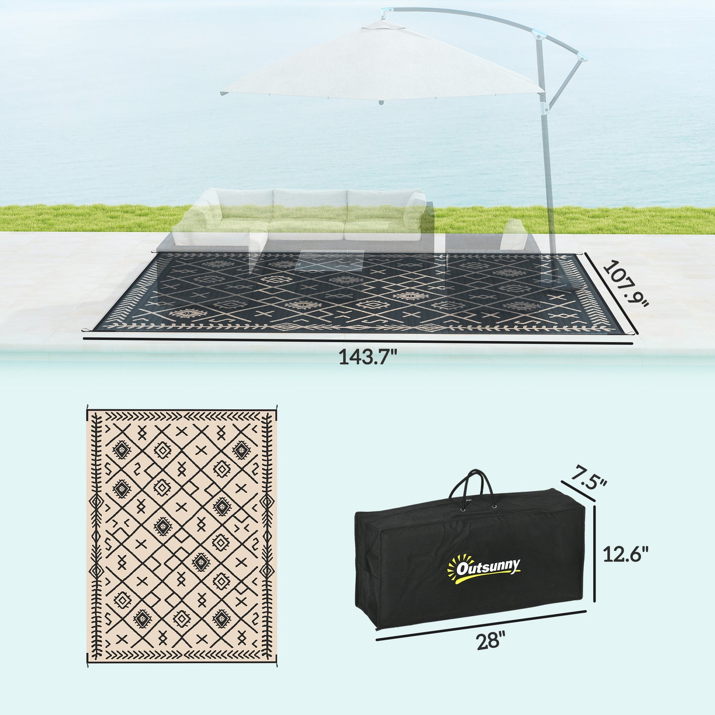 Reversible Outdoor Rug - Waterproof Plastic Straw, 9' x 12', Black & Beige Rhombus
