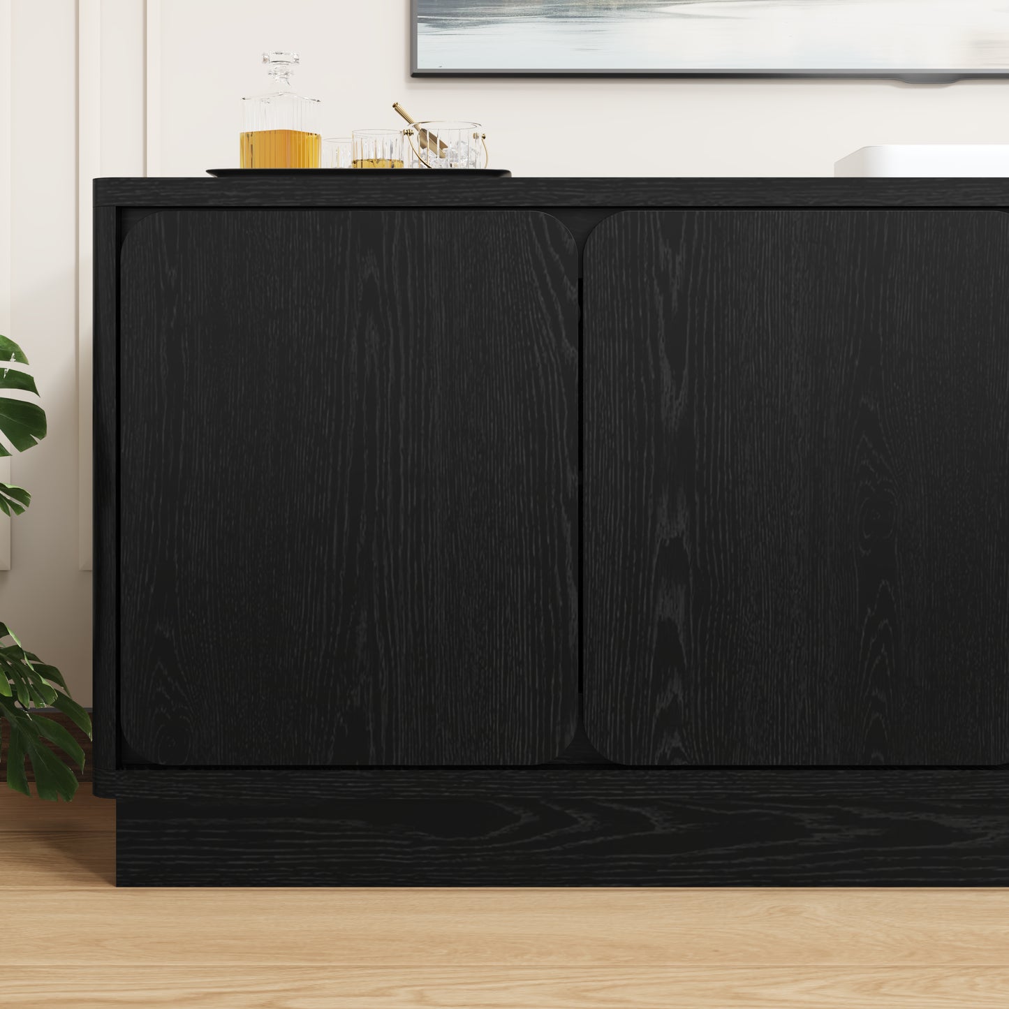 63 Inch Black TV Stand with 4 Storage Doors - Modern Media Console
