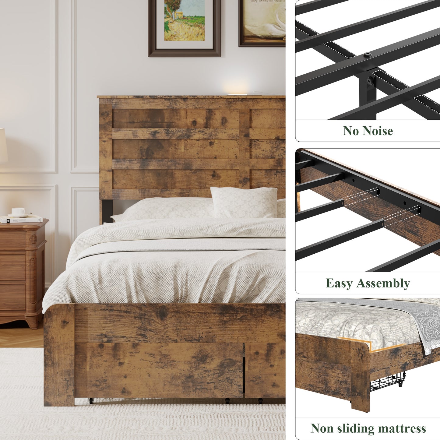 Full Rustic Platform Bed Frame with LED Headboard & Storage