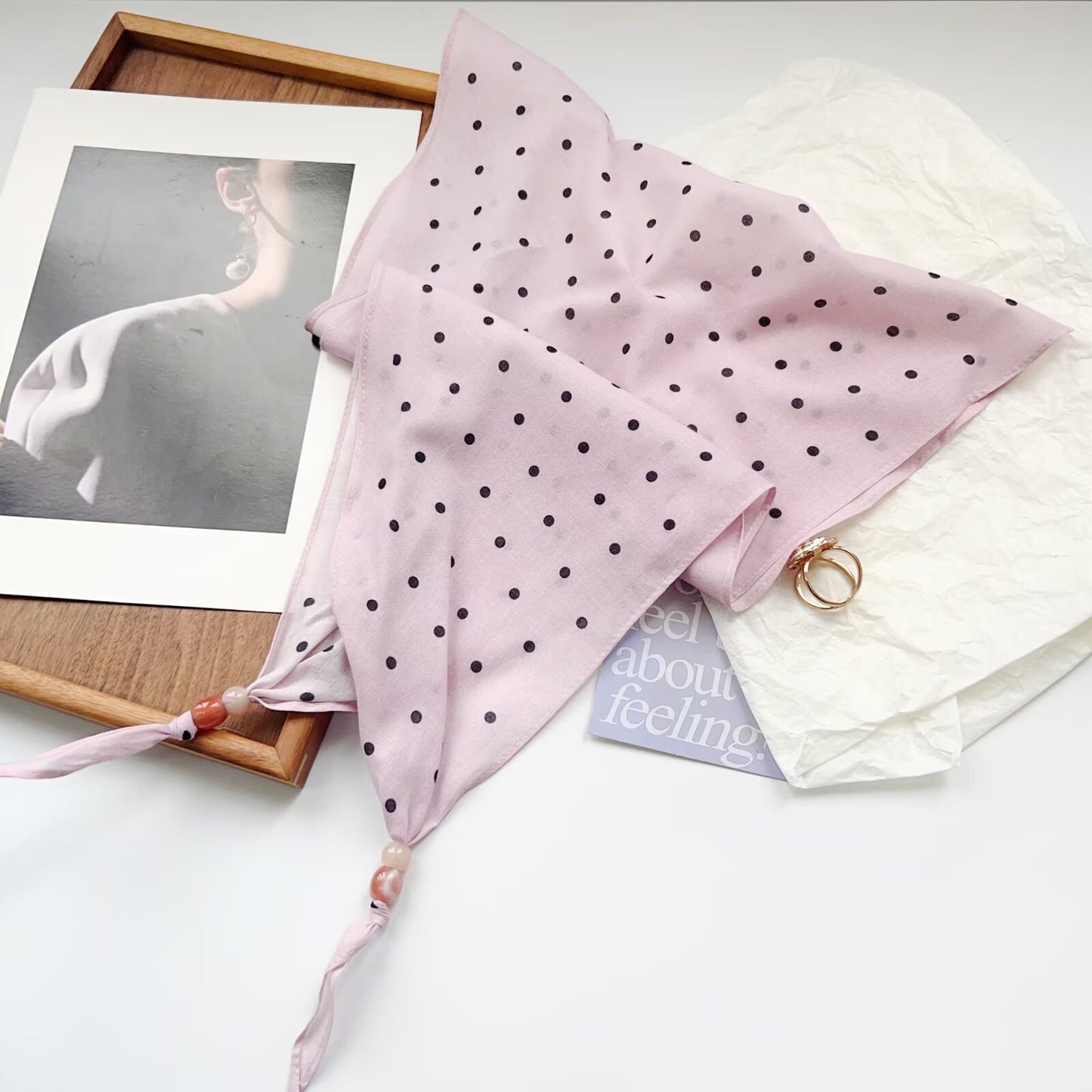 Korean-Style Floral Beaded Cotton Scarf & Headband Set - Retro Fashion Accessory