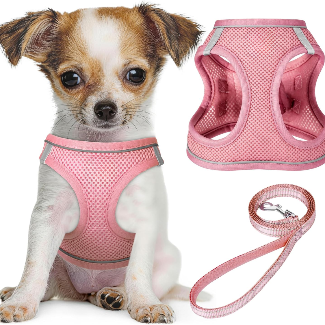 No Pull Dog Harness and Leash Set Reflective Mesh Vest - Pink, Adjustable, Safety