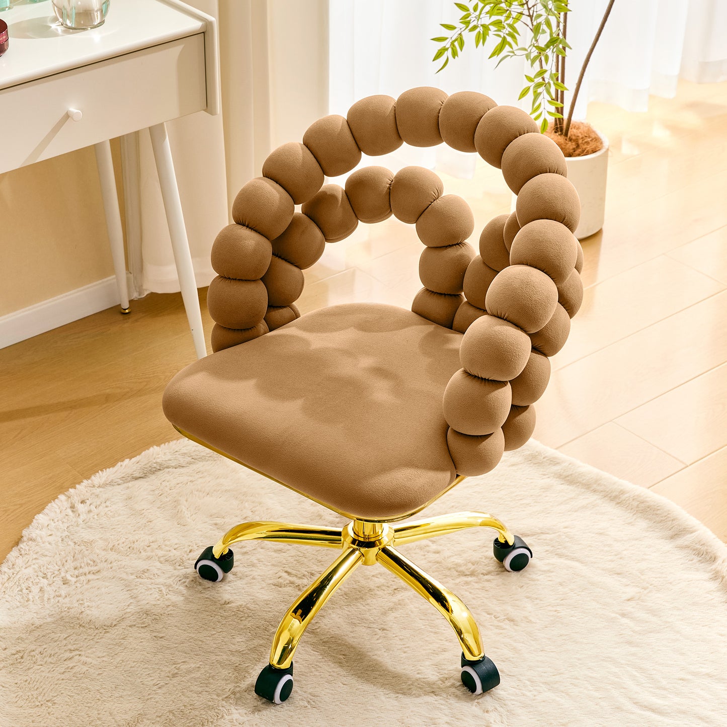 Velvet Bubble Back Swivel Office Chair - Adjustable Height, Gold Base