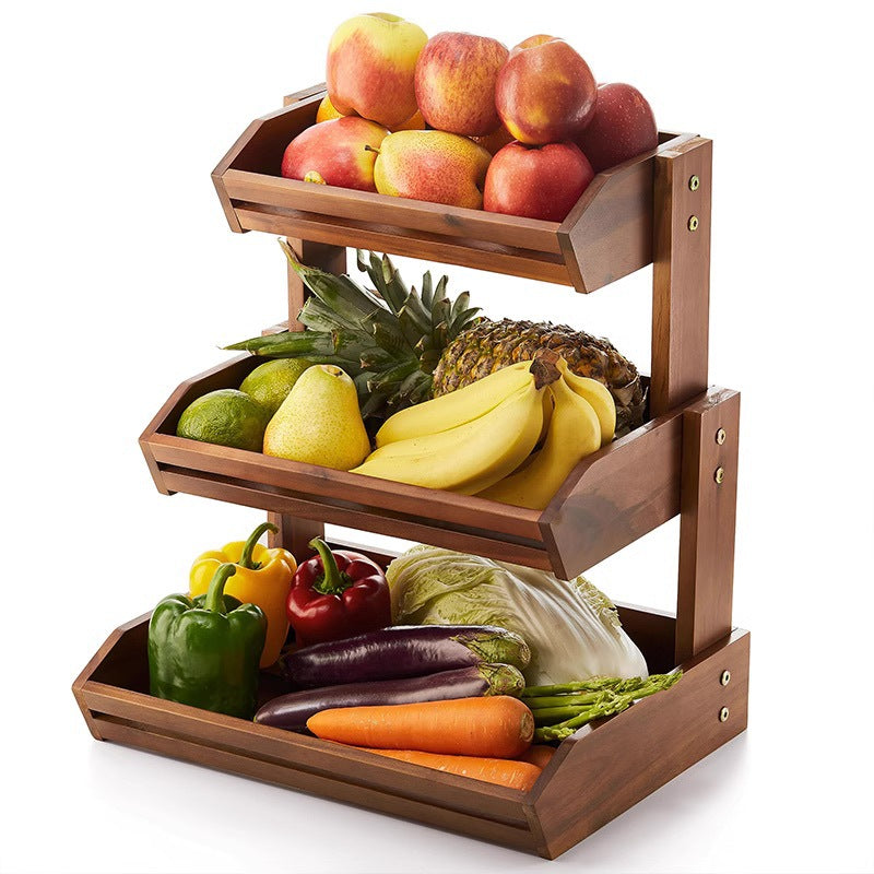 European-Style Teak Wood Double-Tier Fruit Rack for Kitchen Storage